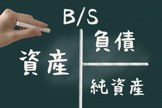 ホワイトボードにB/S（貸借対照表）と資産・負債・純資産を書いたイラスト、中小企業の財務分析イメージ
